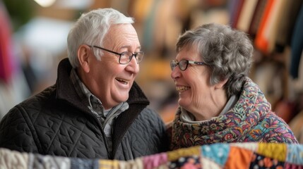 A retired couple laughing and reminiscing as they browse through a display of handsewn quilts and blankets at an arts and crafts fair. - Powered by Adobe