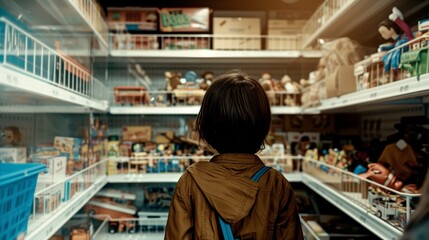 Child in a toy store. The concept shows a young person gazing at shelves stocked with various toys, captured with a cinematic and dramatic lighting effect. - obrazy, fototapety, plakaty