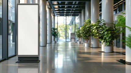 Office hallway with an LCD screen floor stand. The concept features a modern corporate interior with potted plants and natural light creating a welcoming atmosphere for advertising displays.