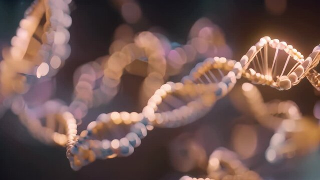 Detailed view of a human cell model showcasing DNA strands twisting and turning, Animated sequence of DNA strands twisting and turning, AI Generated