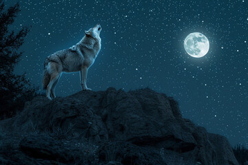 Echoes of the Wild: a moonlit night, a lone wolf stands atop a rocky outcrop, its head thrown back in a hauntingly beautiful howl