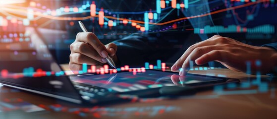 Businessman touch graph growth of business modern virtual interface, digital marketing and technology, half body, business background. Generative AI