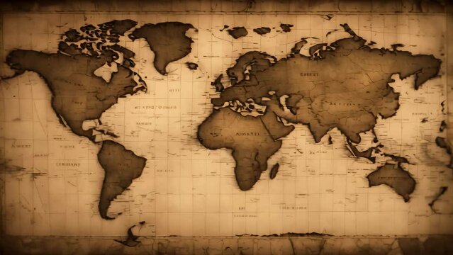 An animated vintage world map is displayed in sepia tones, highlighting details like an antiquated compass, Animation of a vintage world map with antiquated compass, AI Generated