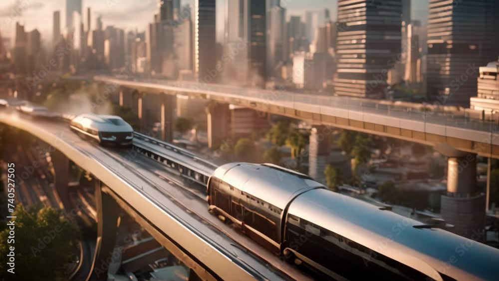 Sticker a train seamlessly travels alongside modern skyscrapers in a futuristic city setting, animation of f