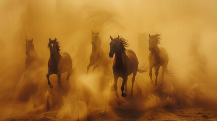 Wild herd of horses galloping - obrazy, fototapety, plakaty