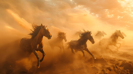 Wild herd of horses galloping - obrazy, fototapety, plakaty