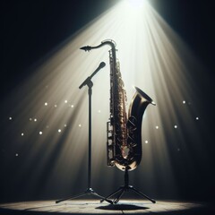 A musical instrument: saxaphone, sits on alone on stage ready to play, under a strong single...
