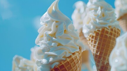 Delicious ice cream cones, each filled with creamy goodness, presented against a backdrop of pure...
