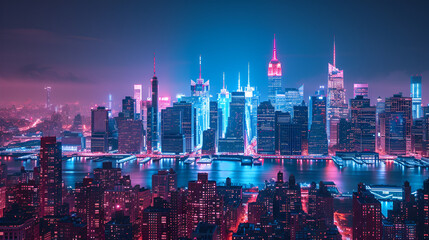 New York midtown panorama by night, generative ai