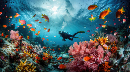 Fototapeta na wymiar A brave diver explores the seabed in Palau, with colorful coral reefs surrounding it, Ai Generated Images