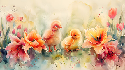 Obraz na płótnie Canvas Chicks with Easter Eggs and flowers