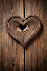 Aged wooden background with heart-shaped hole, distressed wood texture. Symbolizing love and rustic charm 