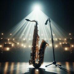 A musical instrument: saxaphone, sits on alone on stage ready to play, under a strong single spotlight