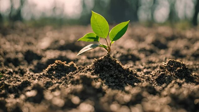 Close-up of a small green plant emerging from the soil, Earth Day and Environment concept, close-up of a small tree growing from the ground, Earth Day and Environment concept, AI Generated