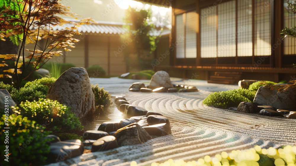 Wall mural Zen garden with warm natural light .beautiful Japanese style  