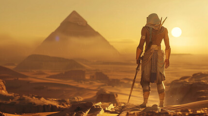 Egyptian warrior turn back look at the pyramid. concept art - obrazy, fototapety, plakaty