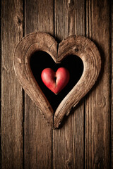 Aged wooden background with heart-shaped hole, distressed wood texture. Symbolizing love and rustic charm 