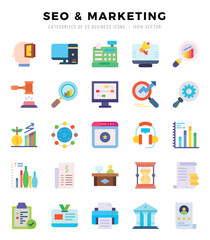 SEO & MARKETING Flat icons collection. Flat icons pack. Vector illustration