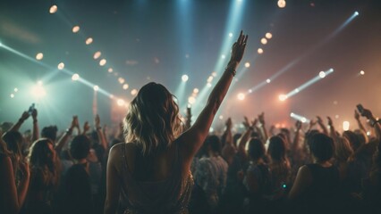 Woman celebrating with raised hands at concert. Club, show, concert. Laser lights and smoke.