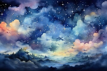 Fototapeta premium Watercolor night sky and mountains. Beautiful hand drawn background