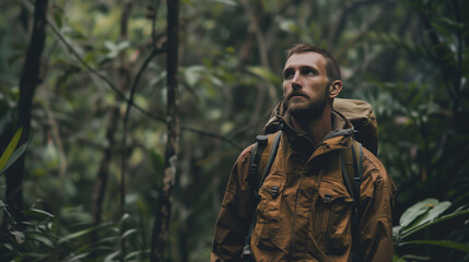 man roam about the forest, adventurer, backpacker