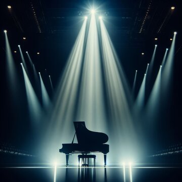 A musical instrument: grand piano, sits on alone on stage ready to play, under a strong single spotlight