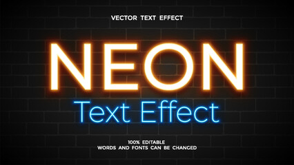 neon light editable text effect with orange and blue color - obrazy, fototapety, plakaty