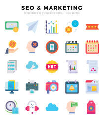 SEO & MARKETING Flat icons collection. 25 icon set. Vector illustration.