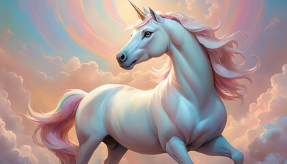 Naklejka premium Fantasy Illustration of a wild unicorn Horse. Digital art style wallpaper background in pastel colors.