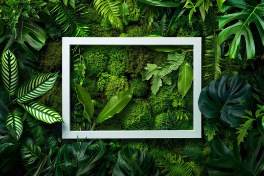 white frame behind a green wall of plants, in the style of aerial photography