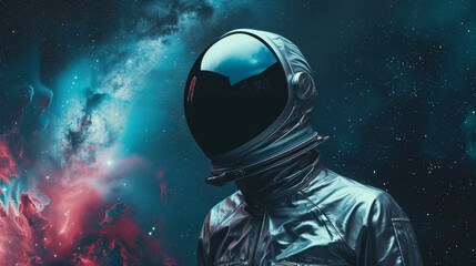 A futuristic space explorer in a metallic jumpsuit and a sleek modern mask covering their face. In the background a vast dark galaxy filled with stars and swirling nebulas.