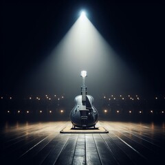 A musical instrument: steel guitar, sits on alone on stage ready to play, under a strong single spotlight - obrazy, fototapety, plakaty