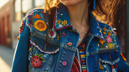 A classic denim jacket updated with handsewn patches and intricate beadwork perfect for a casual yet stylish weekend look. - obrazy, fototapety, plakaty