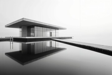 Fototapeta premium Architectural ensemble by the water, portrayed in black and white through a long exposure technique, emphasizing the fluid contrast between the buildings and the calm water