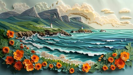 Cape Point lighthouse, artistically depicted in a paper-cut masterpiece, embodying the rugged charm of South Africas coastline