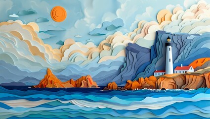 Cape Point lighthouse, artistically depicted in a paper-cut masterpiece, embodying the rugged charm of South Africas coastline - obrazy, fototapety, plakaty