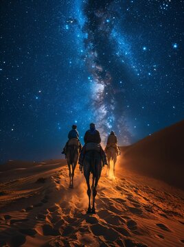 A Milky Way vista with a tribal caravan leading camels over a sand dune, captured in a blend of Documentary, Editorial, and Magazine Photography Style