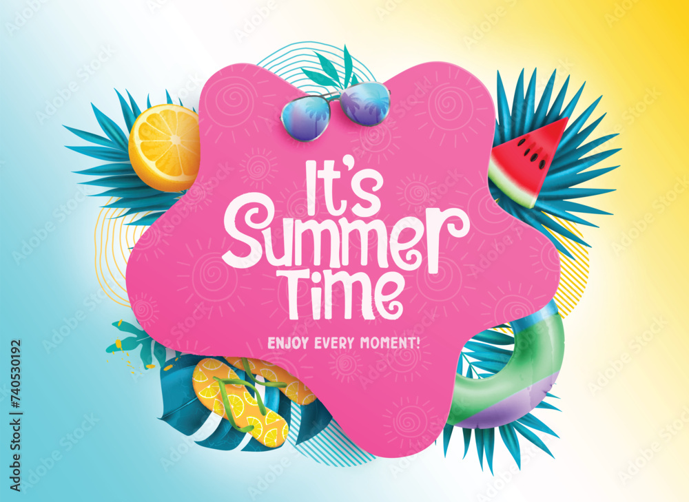 Canvas Prints summer time text vector template. it's summer time greeting text in pink space with palm leaves floa