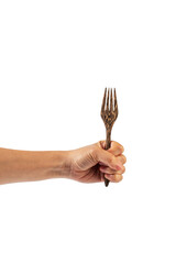 Wooden fork in hand isolated on transparent background.