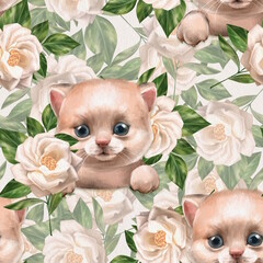 Seamless pattern with cute cats and white flowers. Floral background with kittens