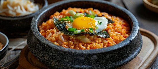 A dish of rice topped with a fried egg is served in a bowl on a wooden table. The staple food is a popular recipe in many cuisines, cooked with gas and using cookware and tableware