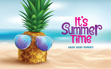 Summertime greeting text vector design. It's summer time greeting with pineapple tropical fruit wearing sunglasses in beach sand background for seasonal hot sunny day background. Vector illustration 
