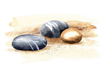 Colorful sea pebbles stones on the sand. Hand drawn watercolor illustration isolated on white background