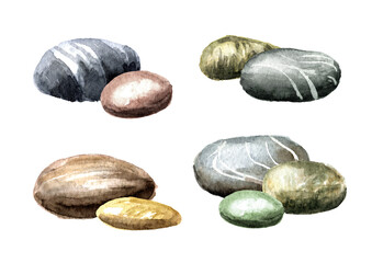 Colorful sea pebbles stones set. Hand drawn watercolor illustration isolated on white background