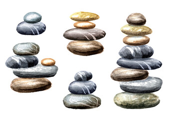Colorful sea pebbles stones tower set. Hand drawn watercolor illustration isolated on white background