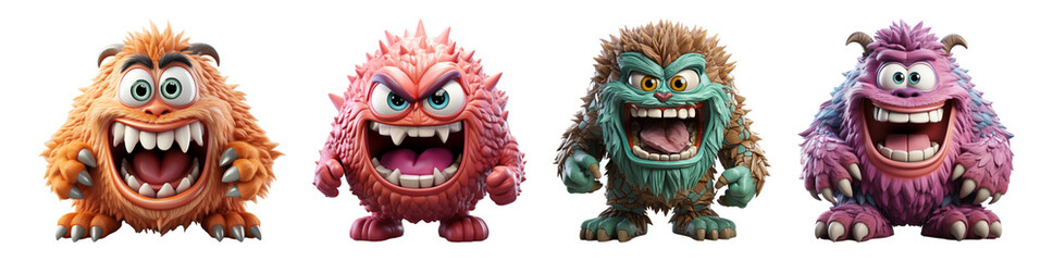 set of 3d animation of monster characters, generative ai