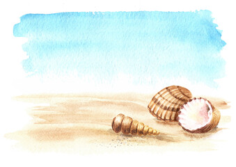 Fototapeta na wymiar Seashells on the sand on the background of the sea with copy space. Hand drawn watercolor illustration isolated on white background 