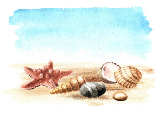 Starfish and seashells on the sand on the background of the sea with copy space. Hand drawn watercolor illustration isolated on white background 