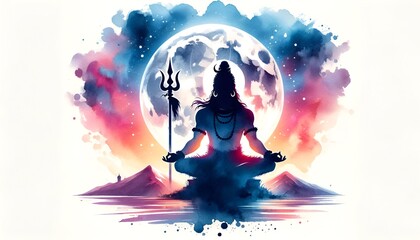 Illustration in a watercolor style with silhouette of a lord shiva against a full moon.