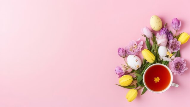 Pink background with free space, tulips, tea and Easter eggs, top view.